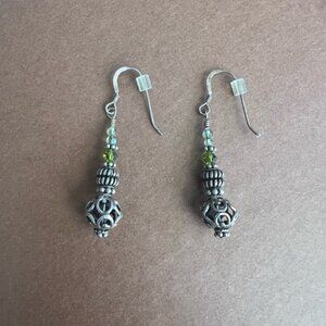 Boho Filigree Silver Bead Dangle Earrings Green Crystal Accent Artisan 2”